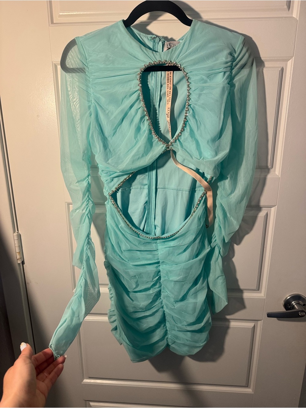 Oh Polly Aqua Cutout Ruched Long-Sleeve Mini Dress
